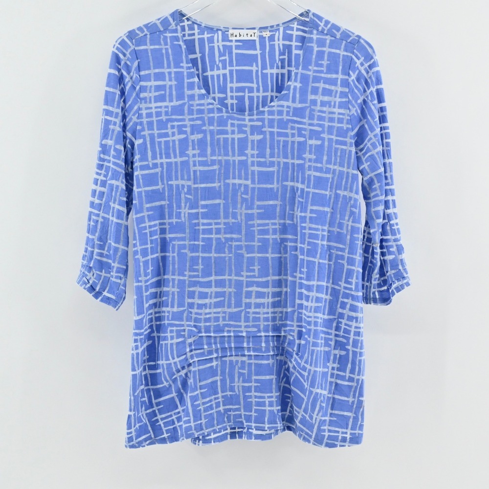 Habitat Womens Tunic Top Size S Blue White Geometric Art to Wear Coastal Casual